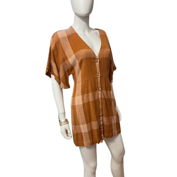 Society Amuse Burnt Orange Plaid Flannel Kimono Dress, S - Picture 1 of 5